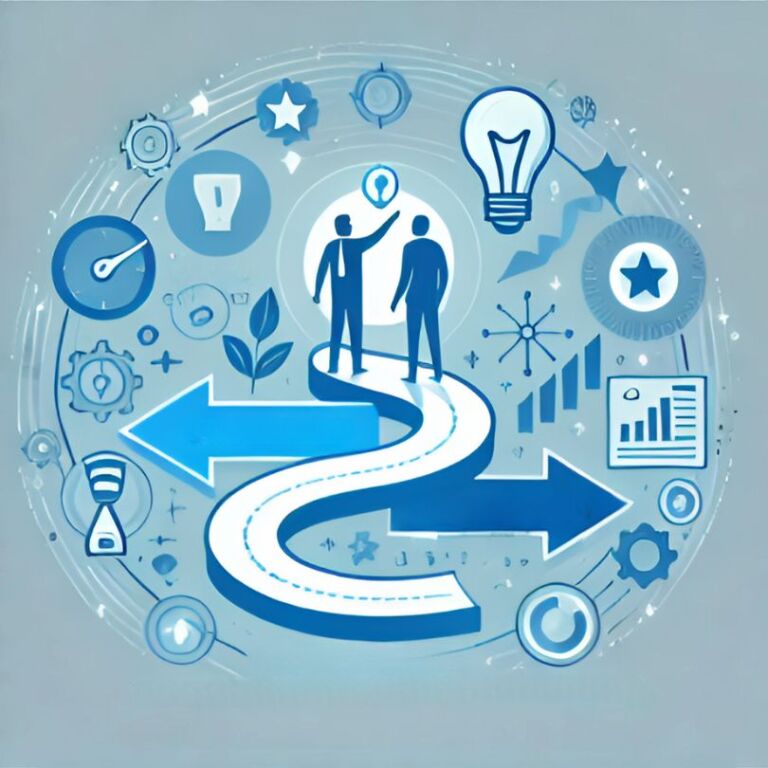 a man and a woman standing on top of a blue arrow