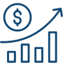 steady upwards arrow accompanied by an enclosed USD symbol, above various-sized vertical rectangle outlines