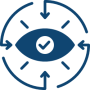 circle encompassed of surrounding arrows which point inwards to an almond-shaped check-mark