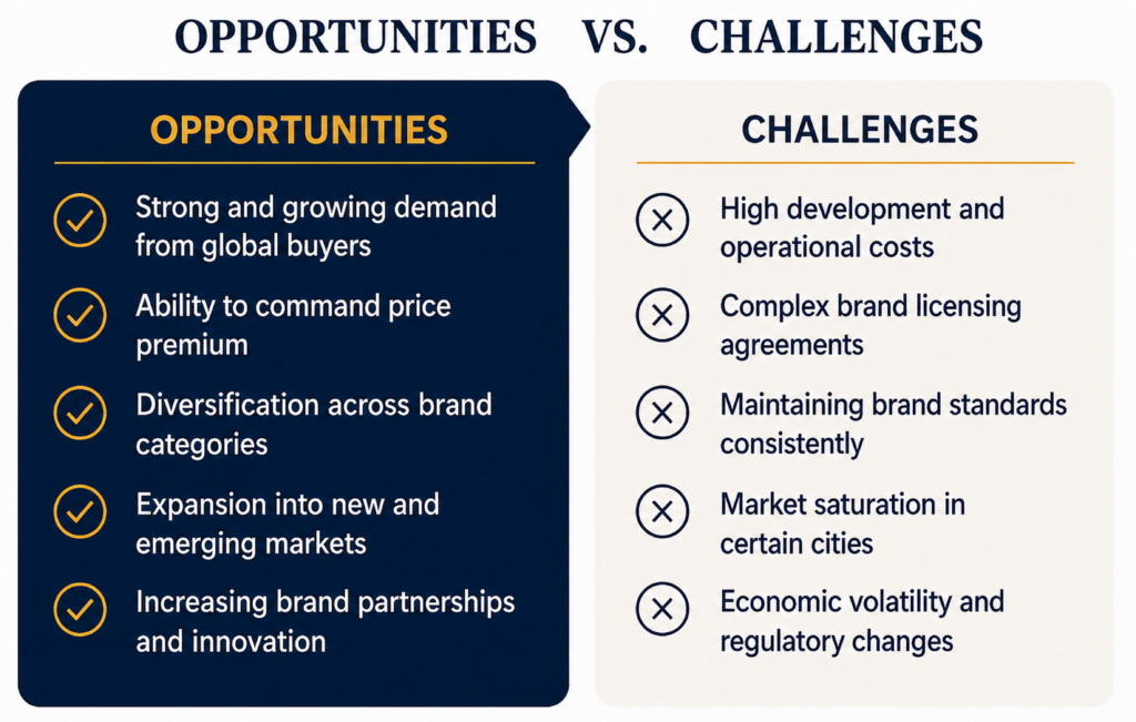 Infographic titled "Opportunities vs. Challenges" comparing two sides of branded real estate. Opportunities: strong and growing demand from global buyers, ability to command a price premium, diversification across brand categories, expansion into new and emerging markets, and increasing brand partnerships and innovation. Challenges: high development and operational costs, complex brand licensing agreements, maintaining brand standards consistently, market saturation in certain cities, and economic volatility and regulatory changes.