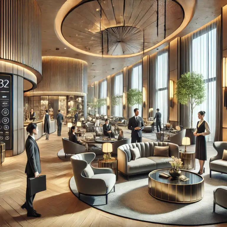 a group of people standing in a lobby