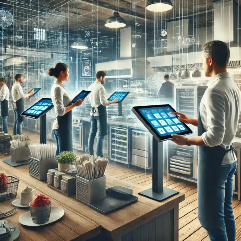 a group of people standing around a kitchen