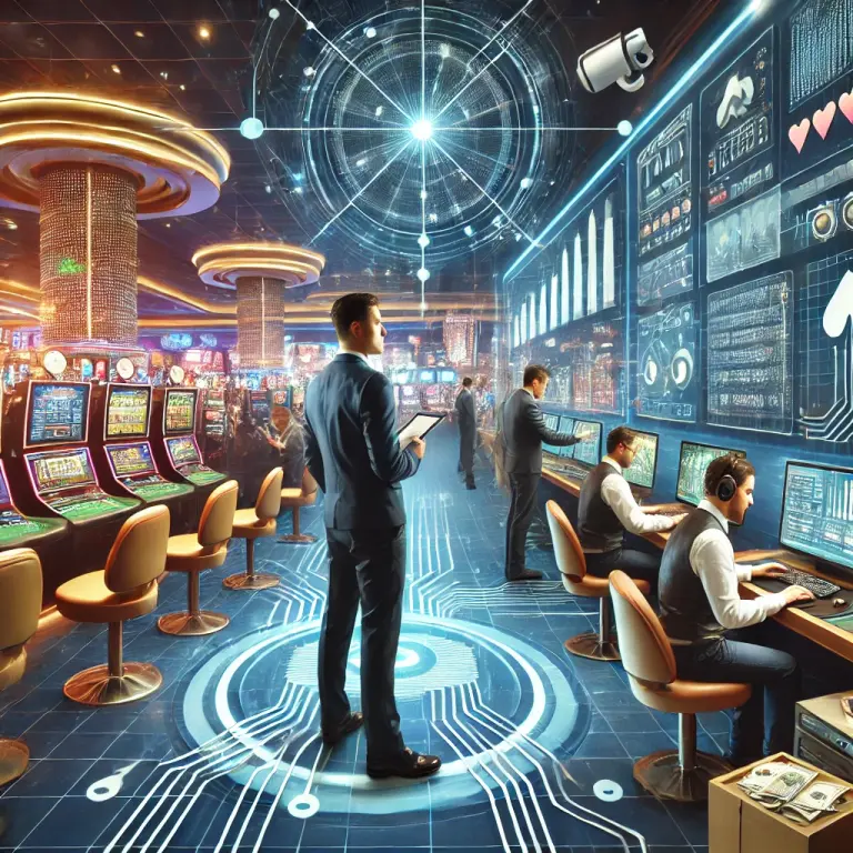 a man standing in front of a casino machine