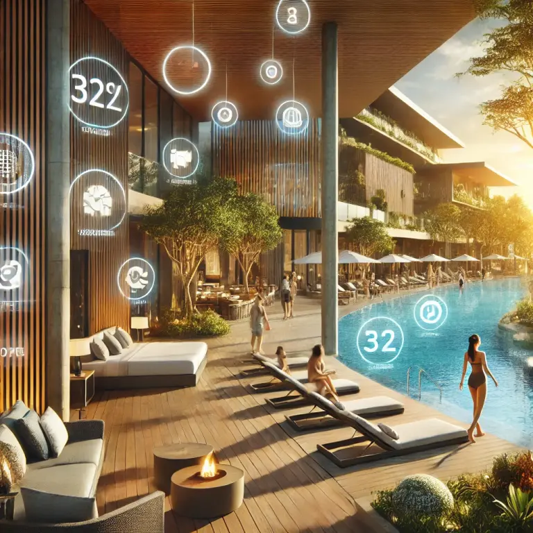 a group of people sitting around a pool