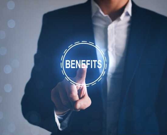 'benefits' is indicated by the pointer of a professionally dressed torso